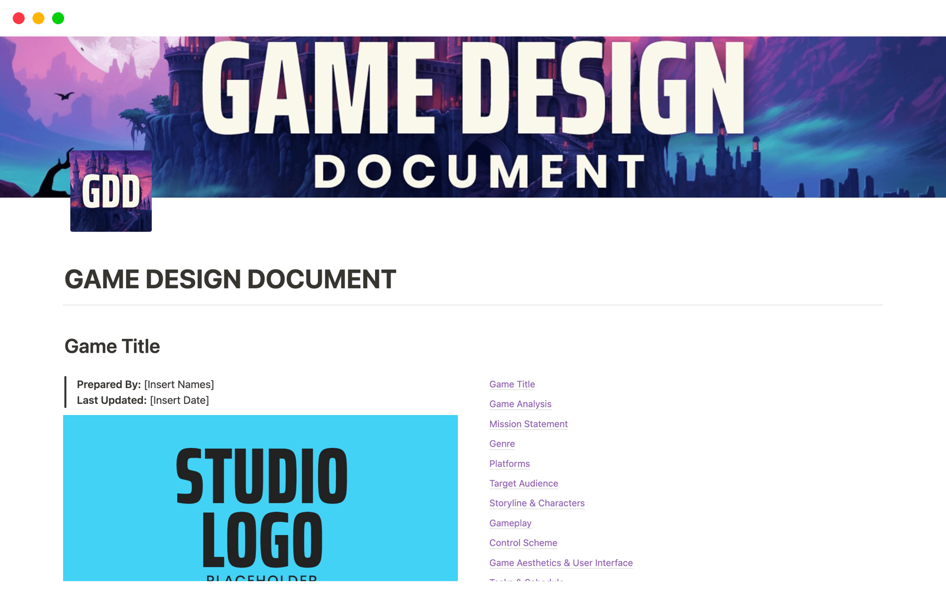 Game Design Document (GDD) Template | Notion Marketplace