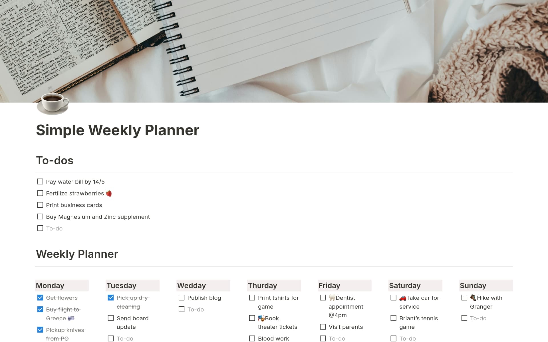 Simple weekly planner Template by Notion | Notion Marketplace