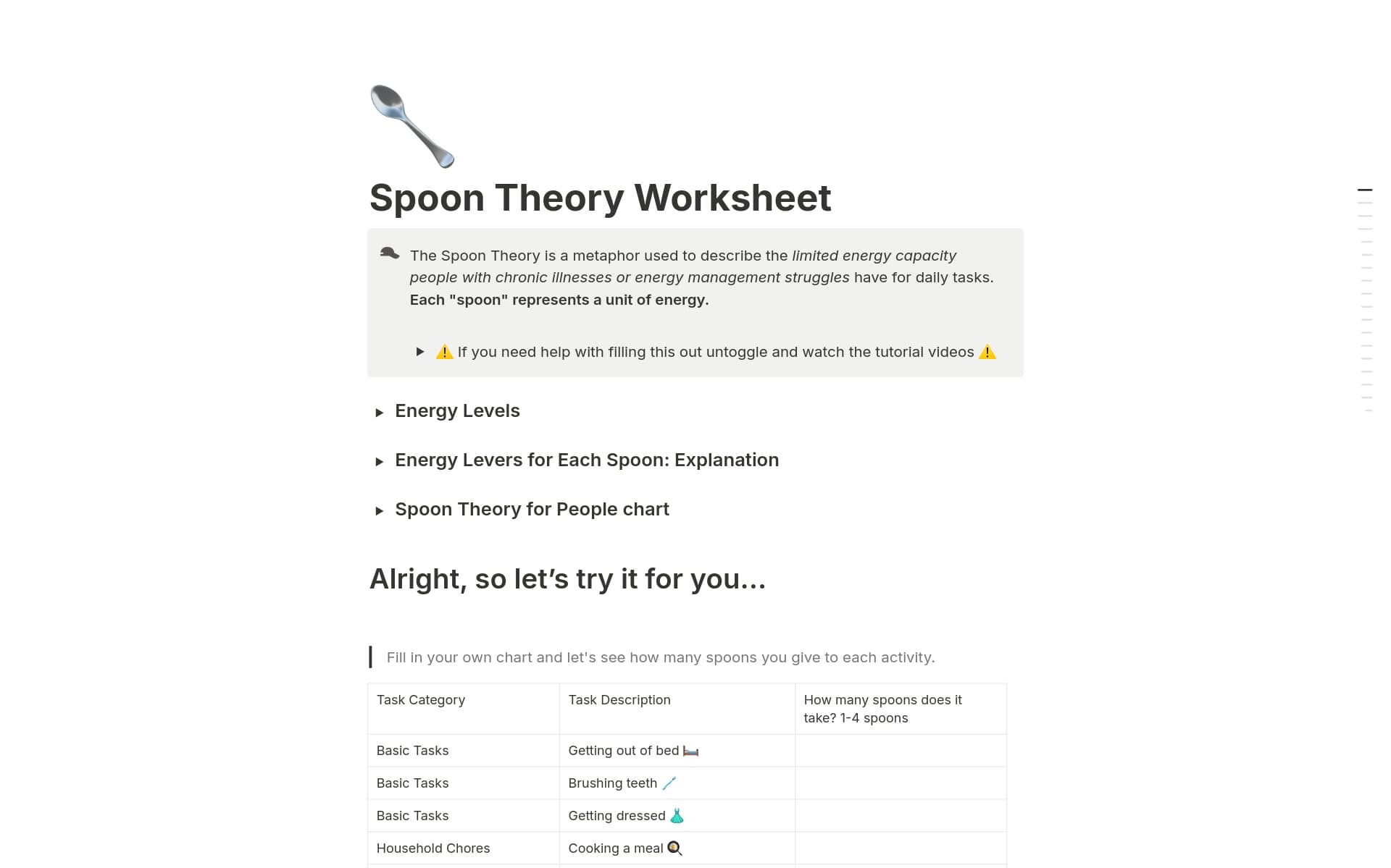 Spoon Theory Worksheet Template | Notion Marketplace