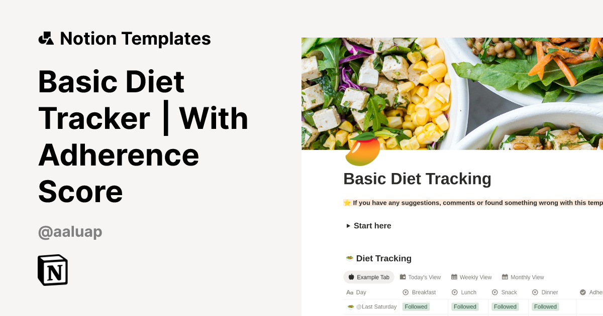 قالب Basic Diet Tracker | With Adherence Score | متجر Notion