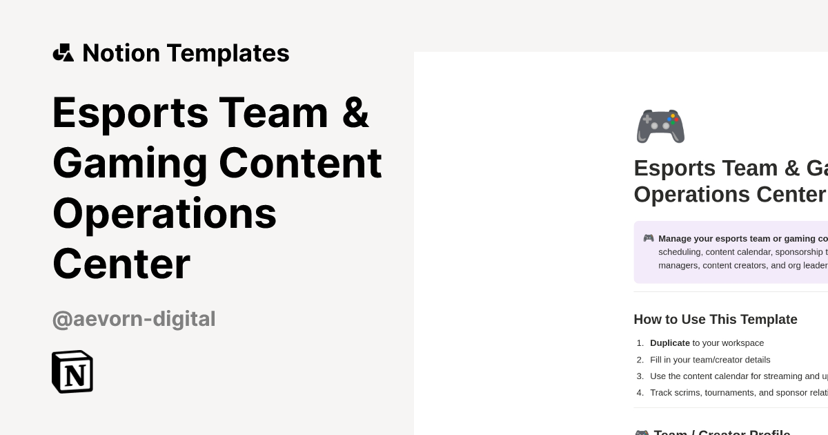 قالب Esports Team & Gaming Content Operations Center | متجر Notion