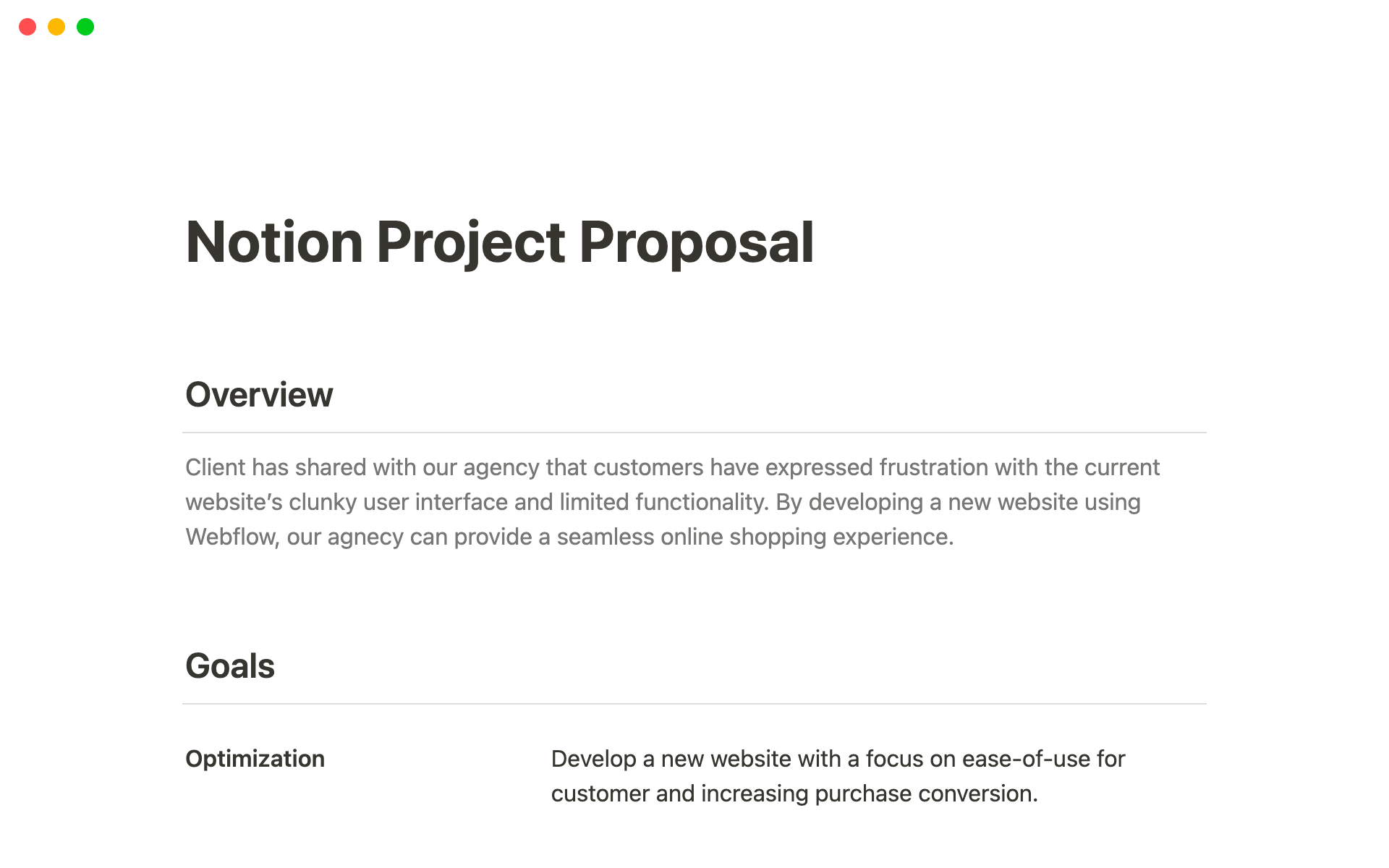 Aperçu du modèle de Notion Project Proposal