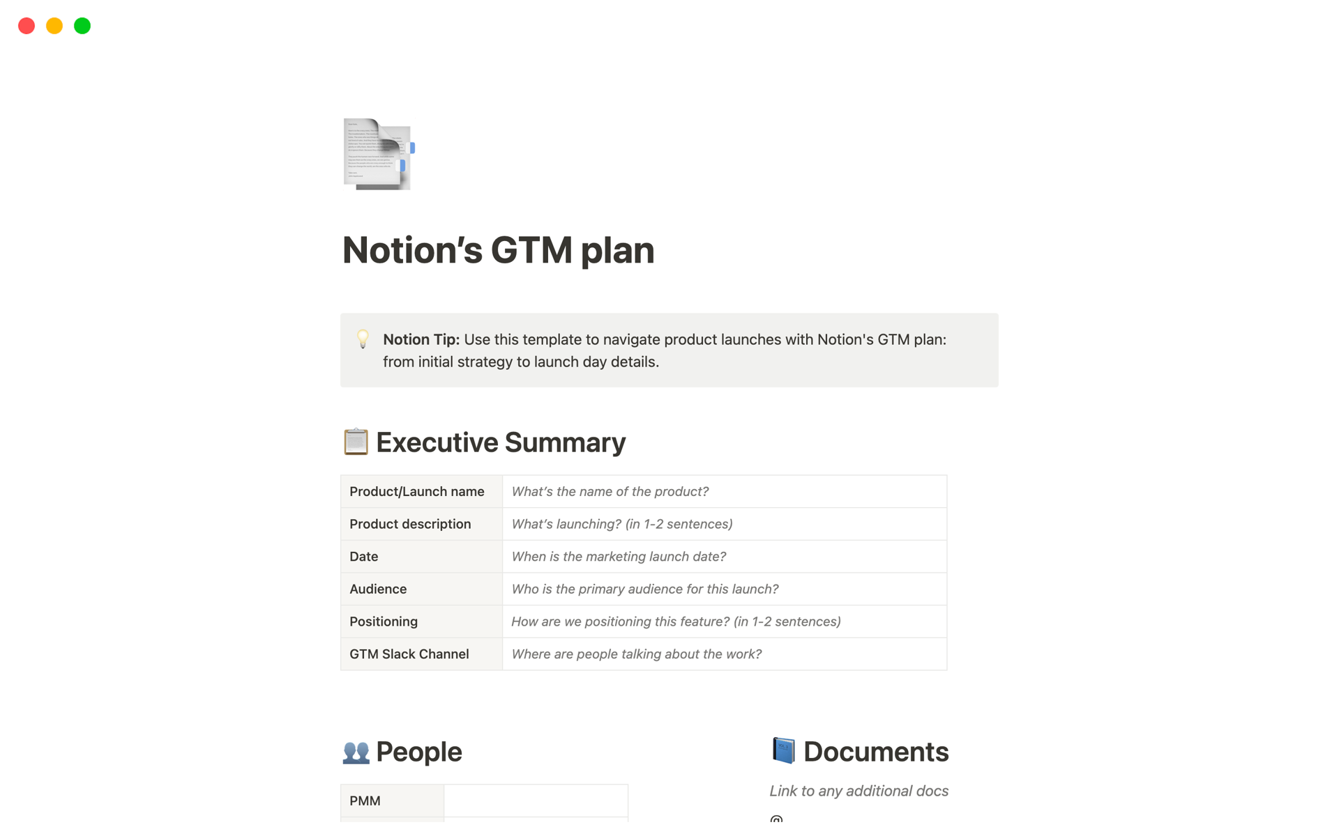 Aperçu du modèle de Notion's GTM plan