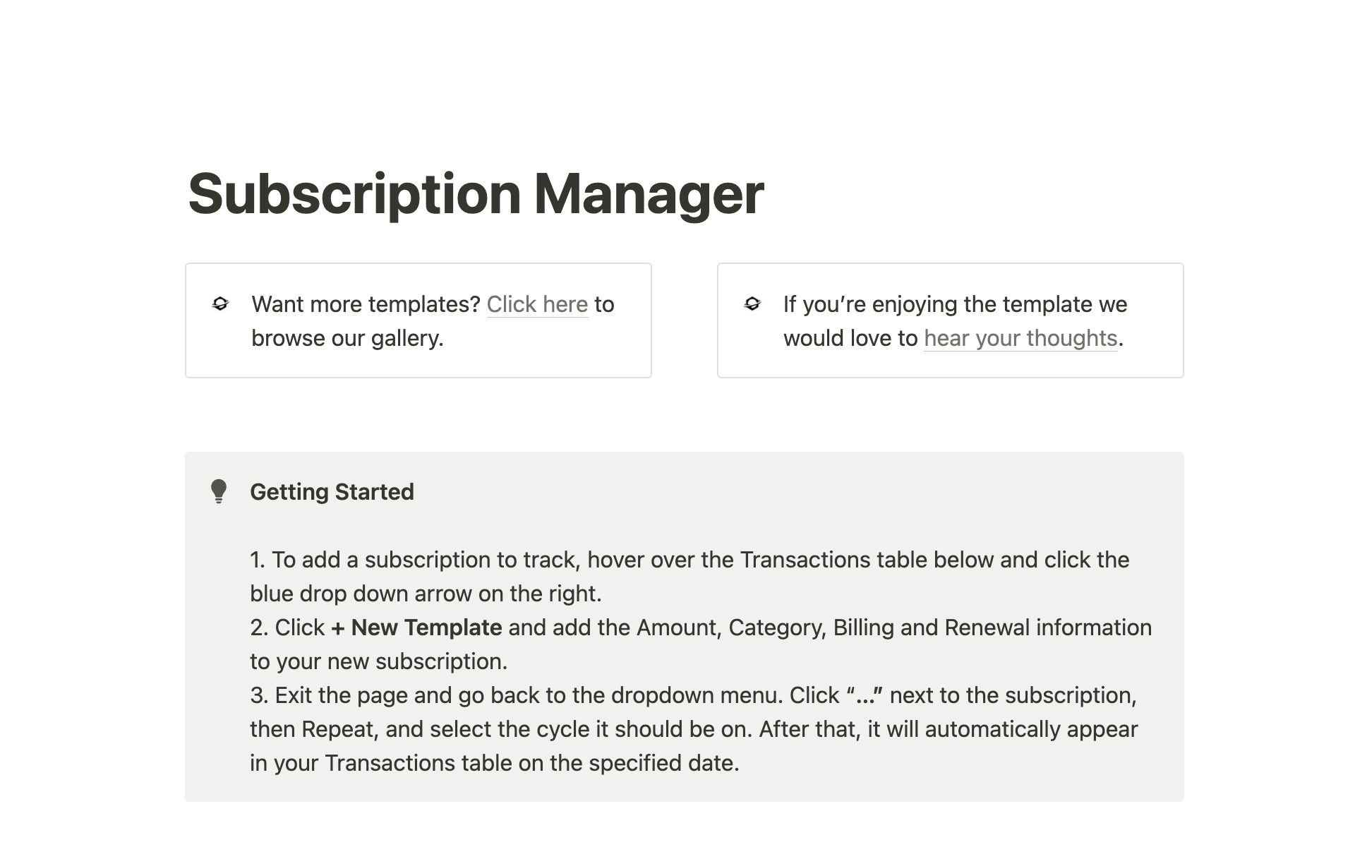 Aperçu du modèle de Notion Subscription Manager (Automated)