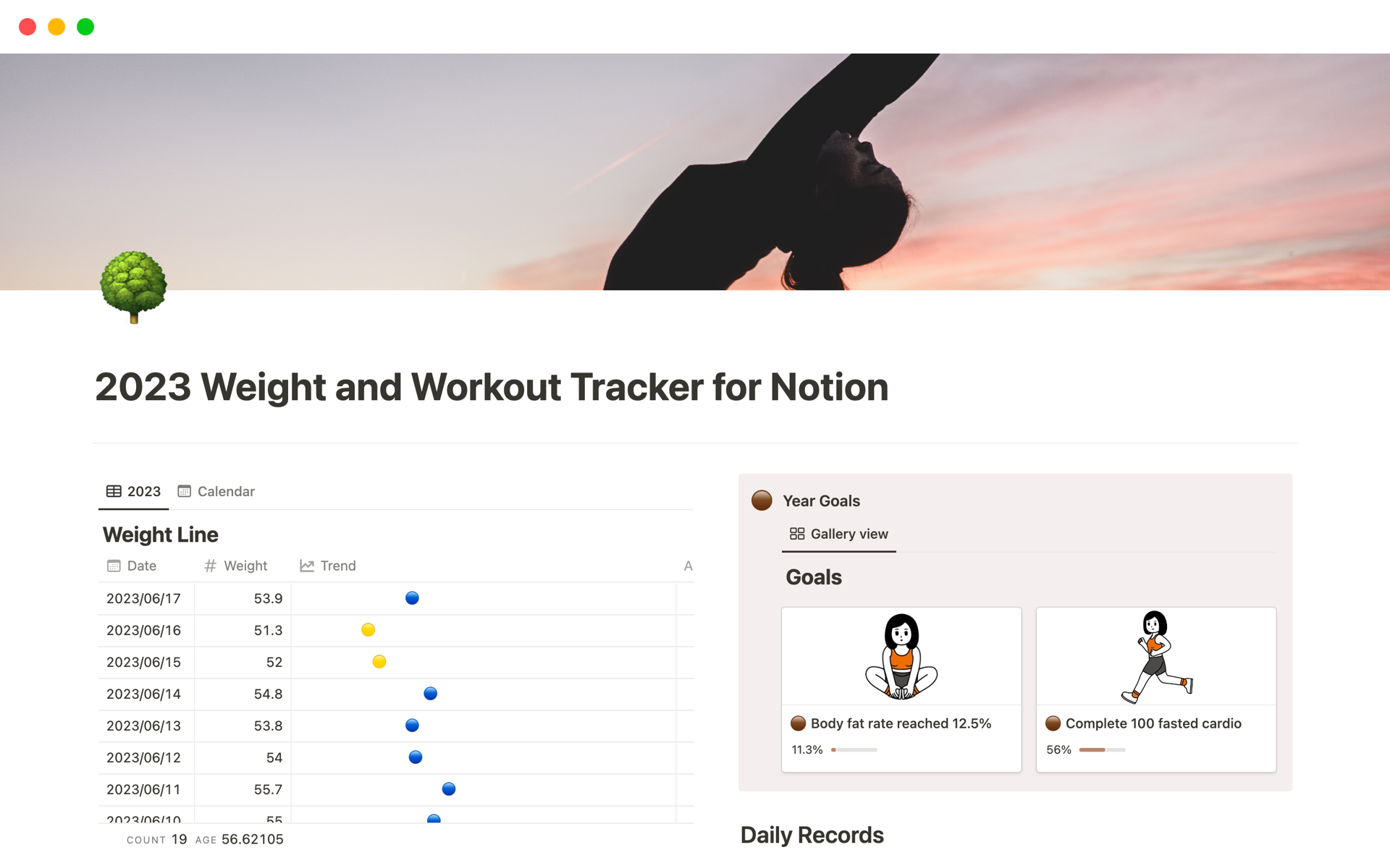 In this template you can manage weight, goals and daily exercise records.
