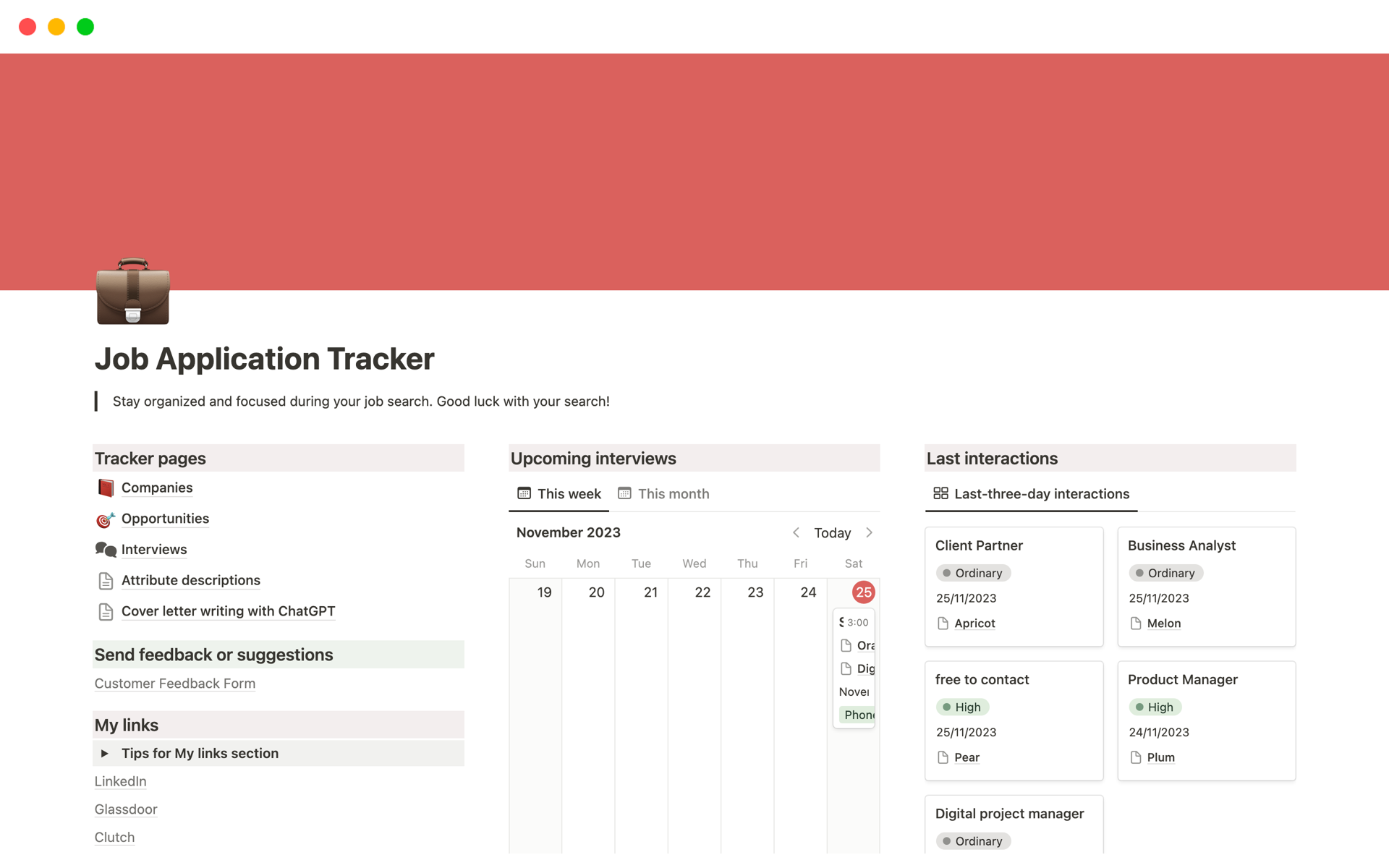 Aperçu du modèle de Job Application Tracker