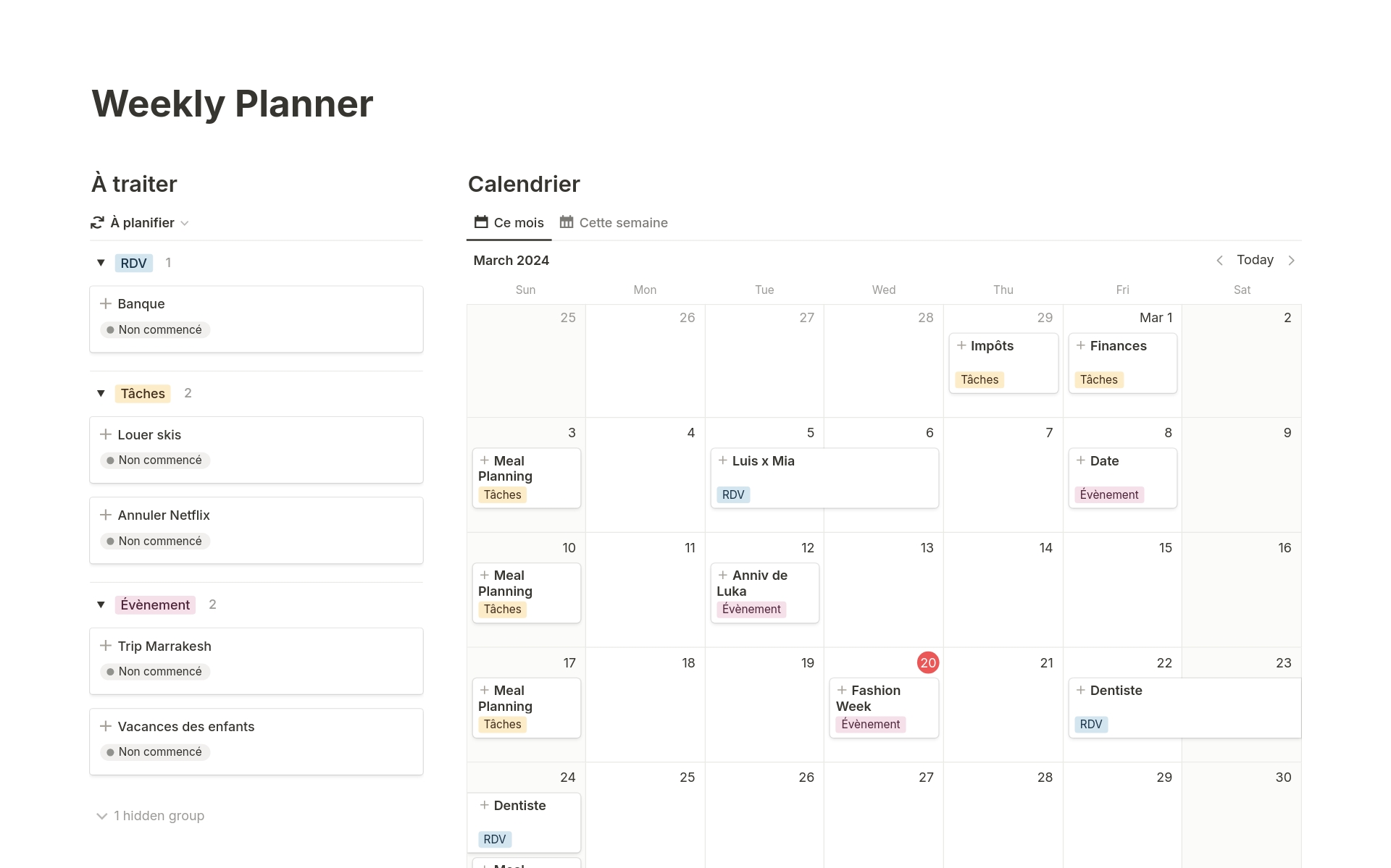 Organise tes jours, semaines, mois et visualise tes événements dans Notion Calendar.