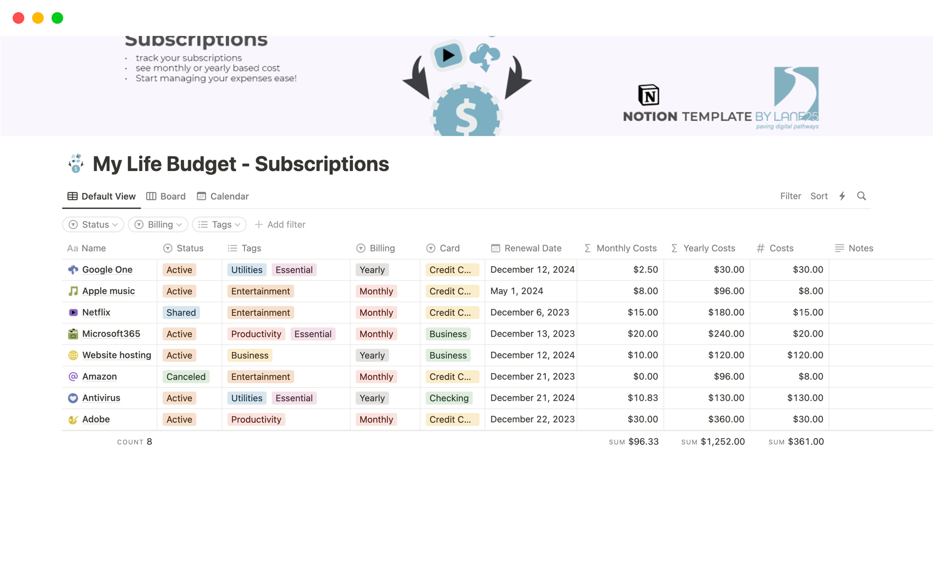 Aperçu du modèle de My Life Budget - Subscriptions