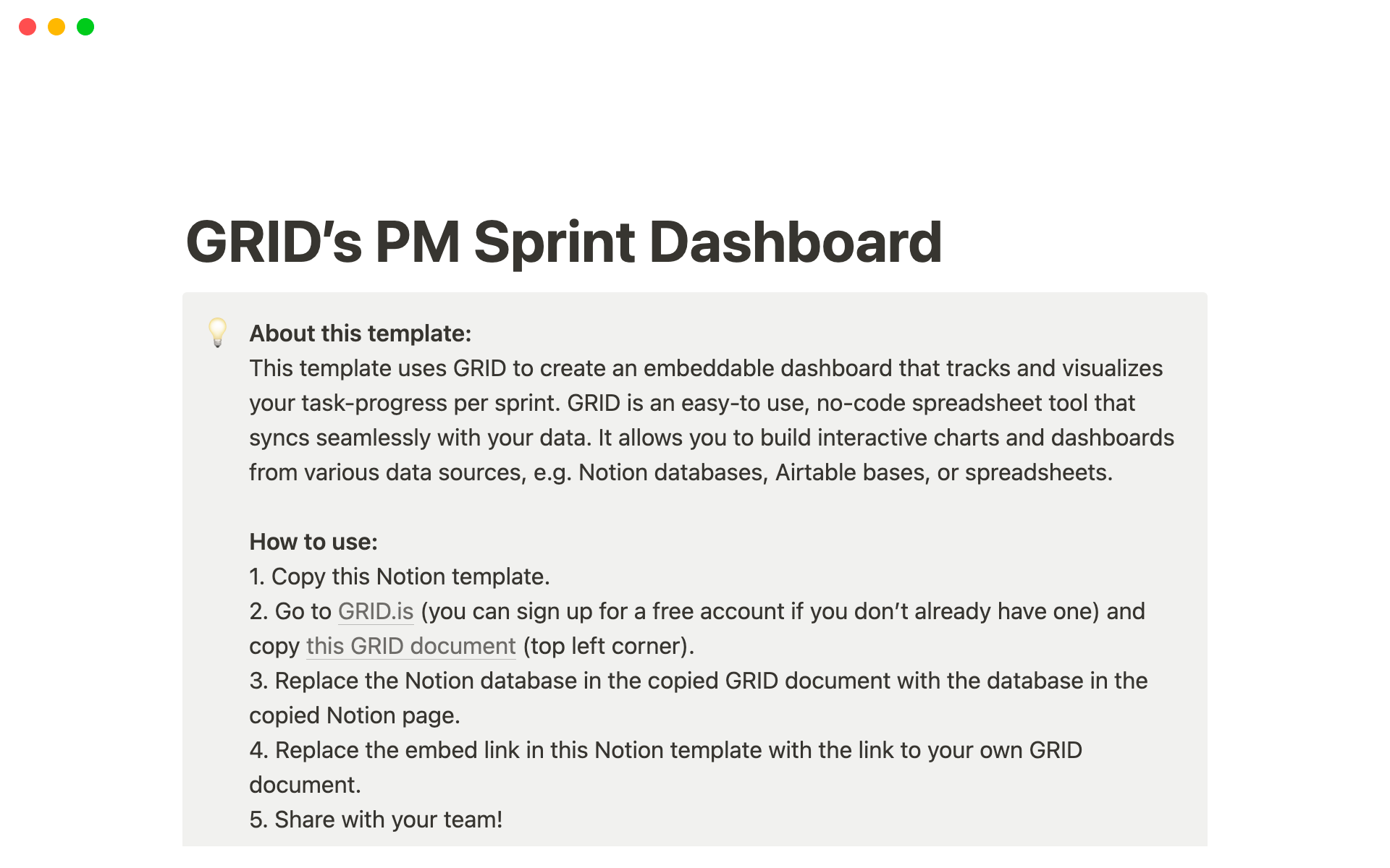 Aperçu du modèle de GRID's PM Sprint Dashboard