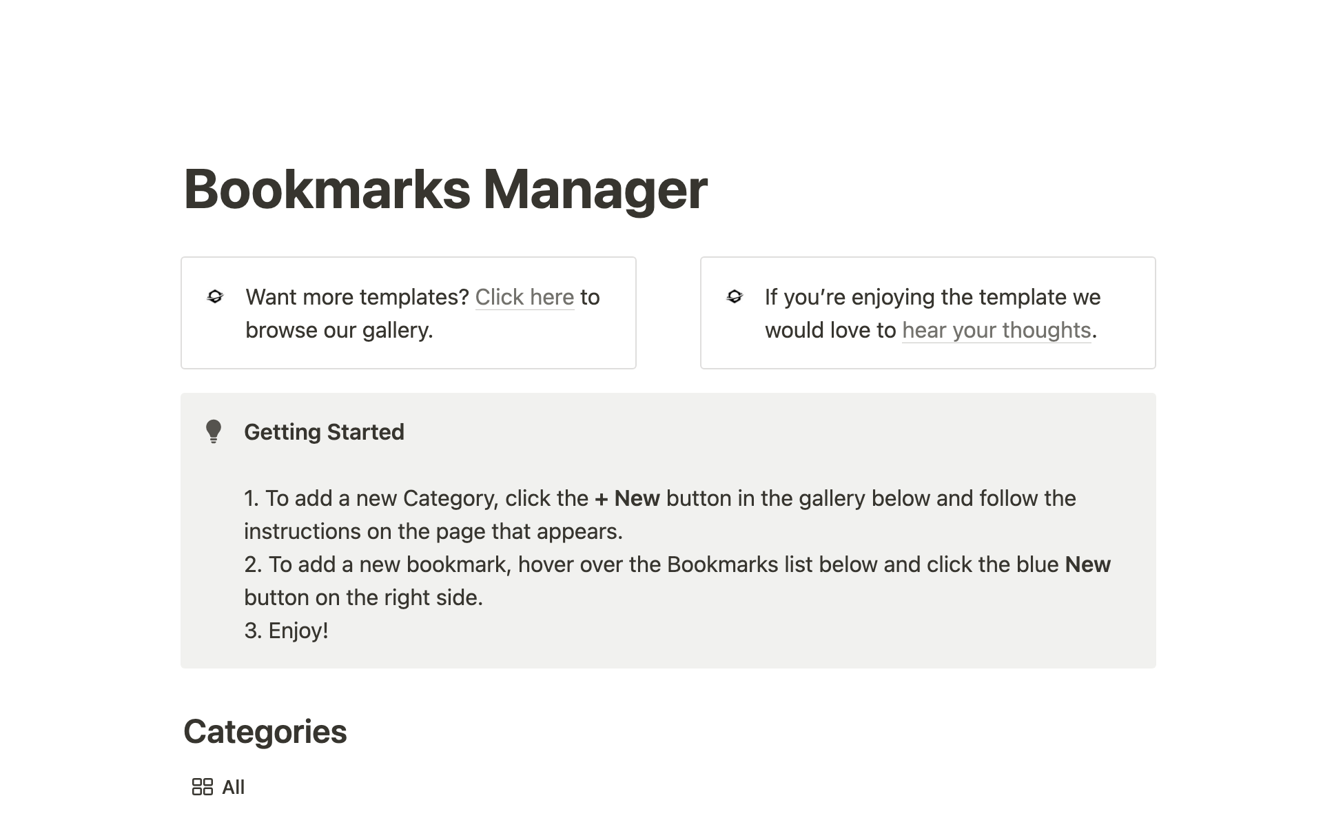 Aperçu du modèle de Notion Bookmarks Manager
