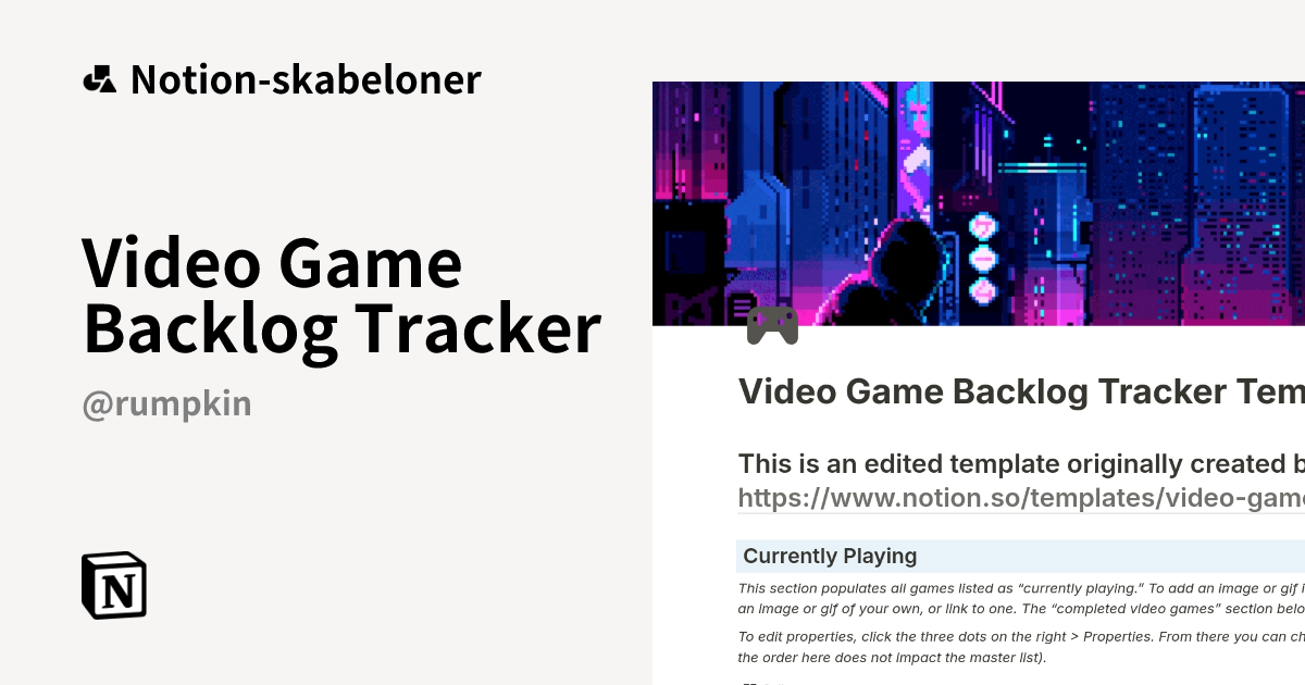 Video Game Backlog Tracker Skabelon af Rumpkin | Notion Marketplace