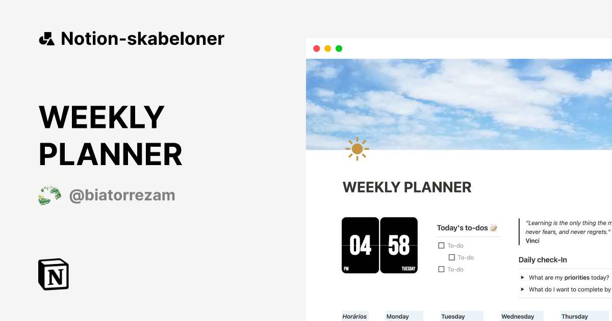 WEEKLY PLANNER Skabelon af Beatriz Torrezam | Notion Marketplace
