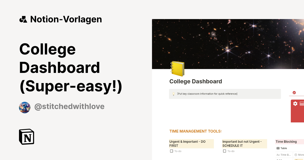 College Dashboard (Super-easy!) Vorlage von Stitched. | Notion-Marketplace