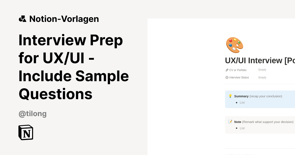 Interview Prep for UX/UI - Include Sample Questions Vorlage | Notion ...