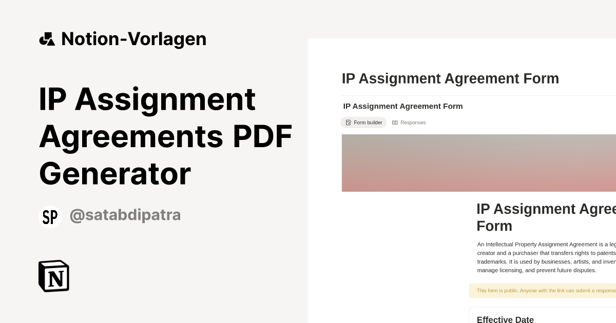 IP Assignment Agreements PDF Generator Vorlage | Notion-Marketplace