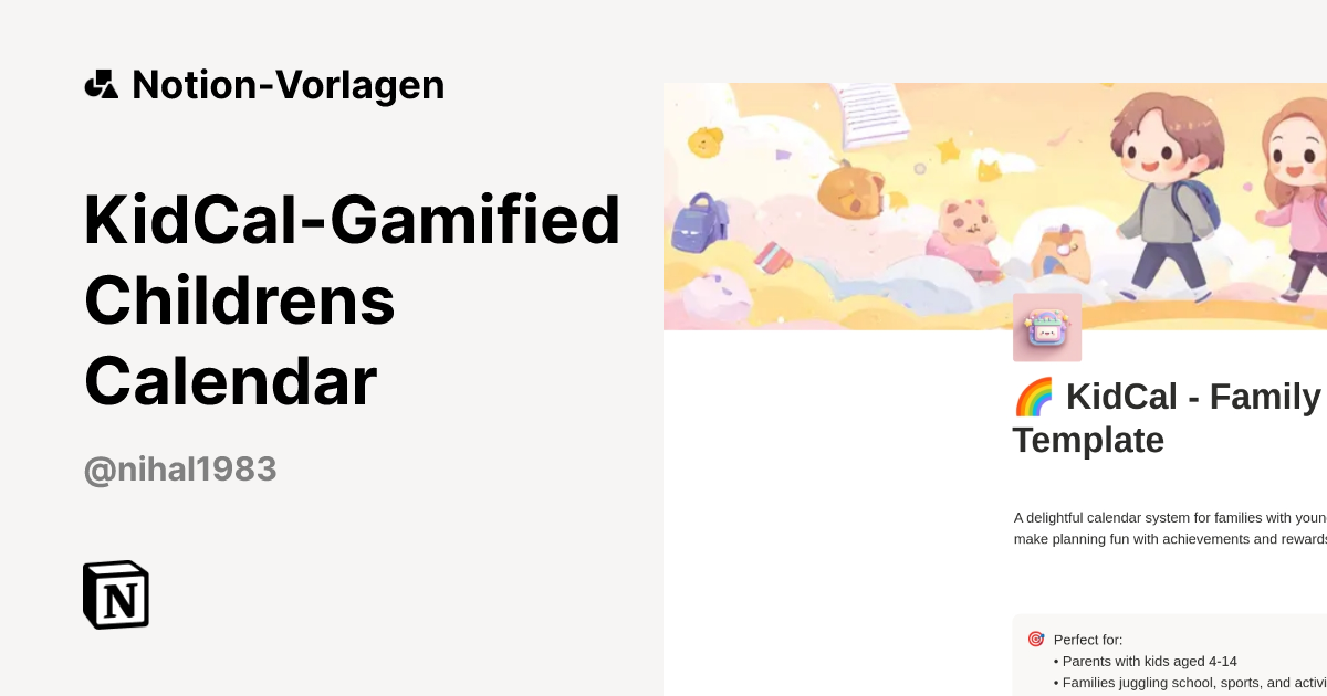 KidCal-Gamified Childrens Calendar Vorlage | Notion-Marketplace