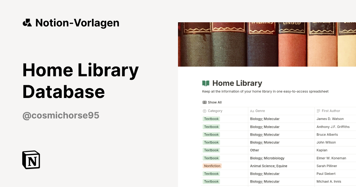 Home Library Database Vorlage von CosmicHorse95 | Notion-Marketplace