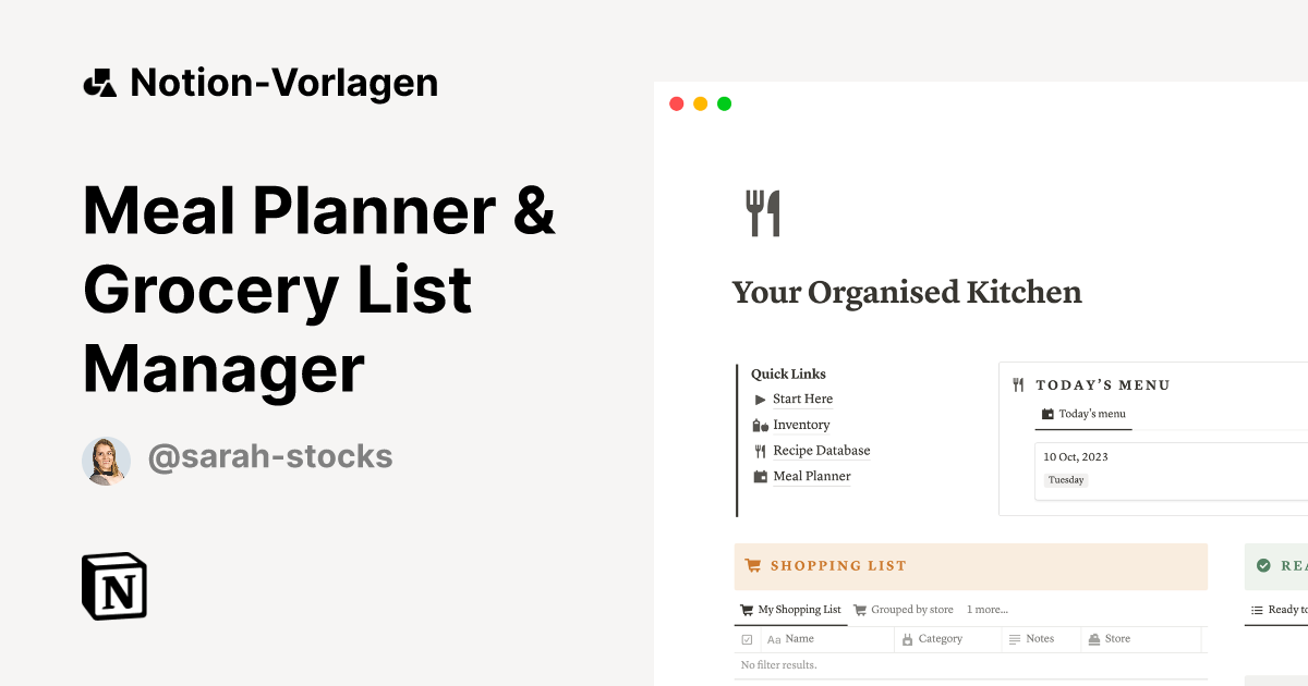 Meal Planner & Grocery List Manager Vorlage von Sarah Stocks | Notion ...