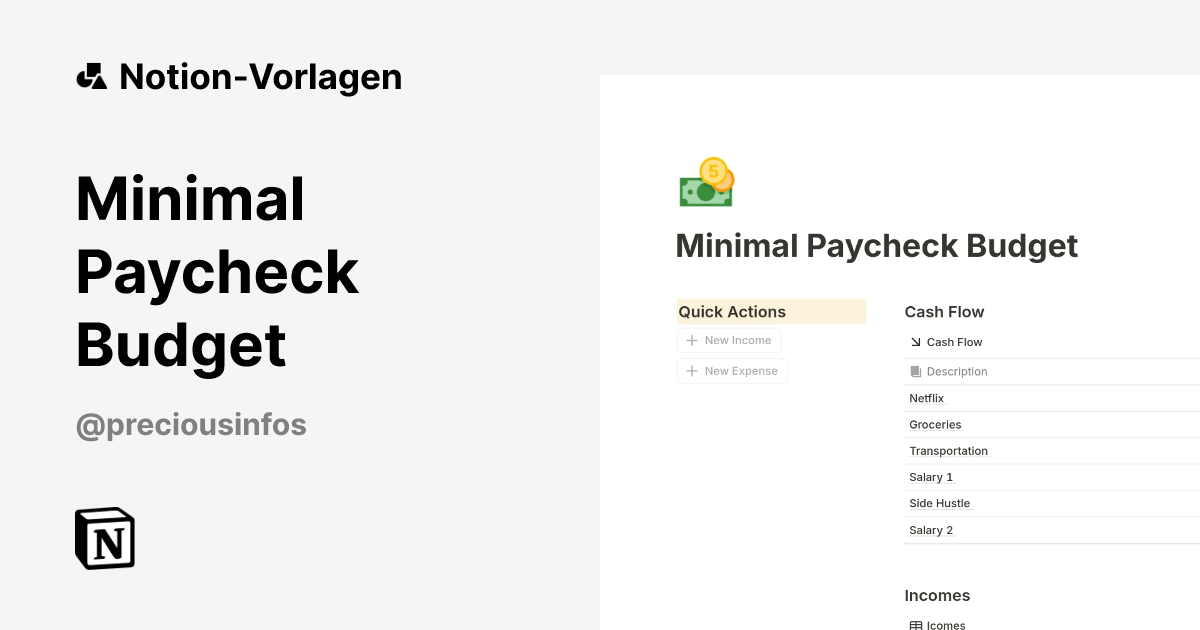 Minimal Paycheck Budget Vorlage von preciousinfos | Notion-Marketplace