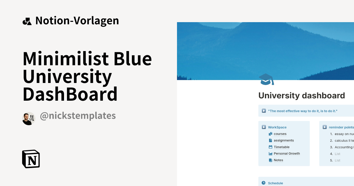 Minimilist Blue University DashBoard Vorlage von Nick | Notion-Marketplace