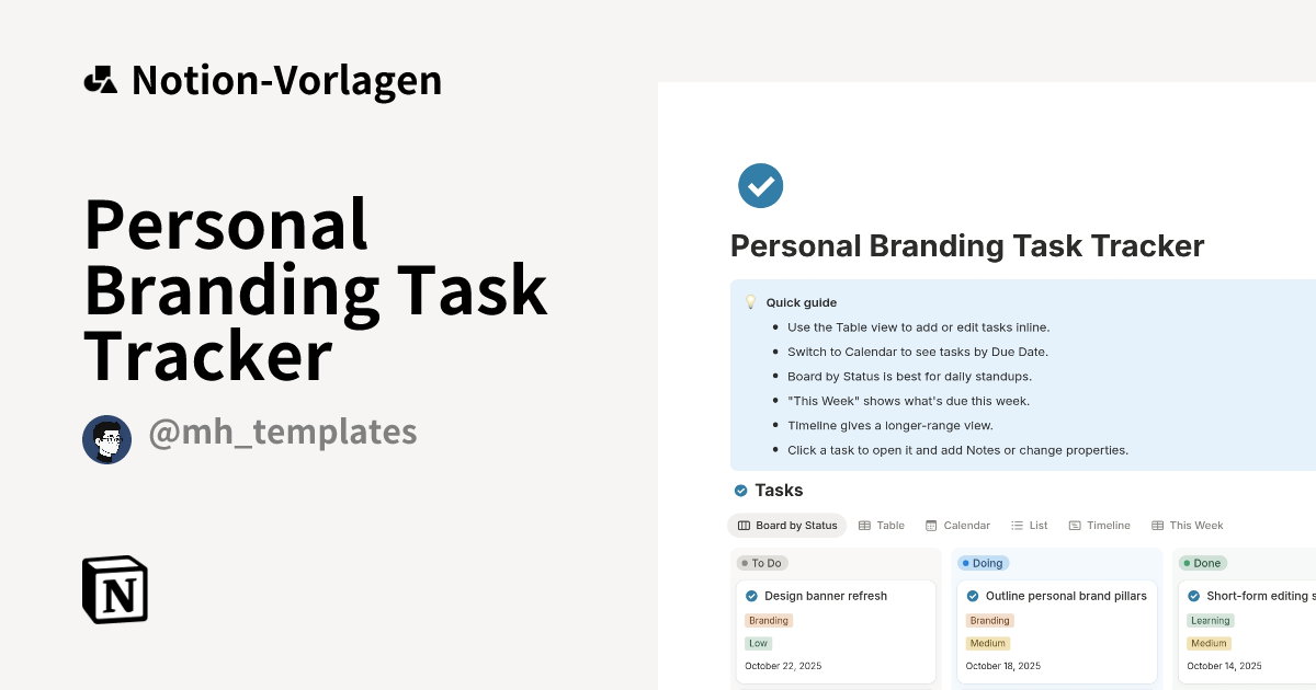 Personal Branding Task Tracker Vorlage von MH Systems | Notion-Marketplace