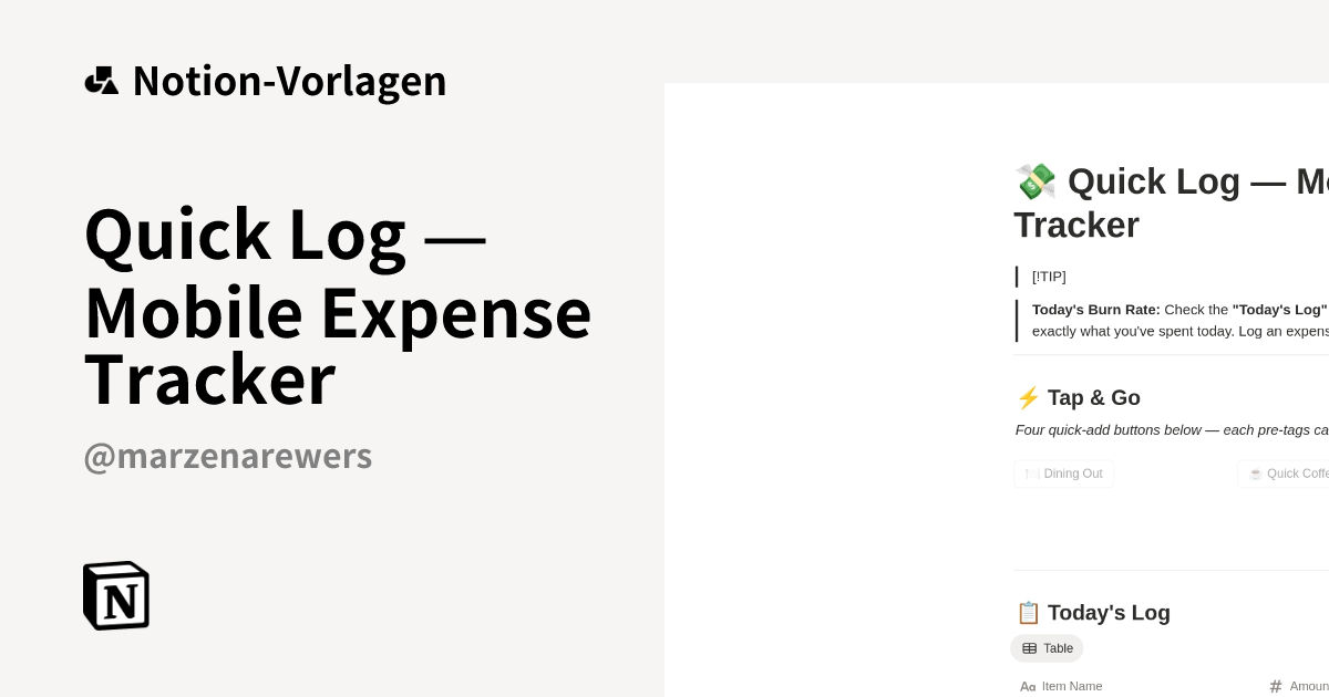 Quick Log — Mobile Expense Tracker Vorlage von ZILIO | Notion-Marketplace