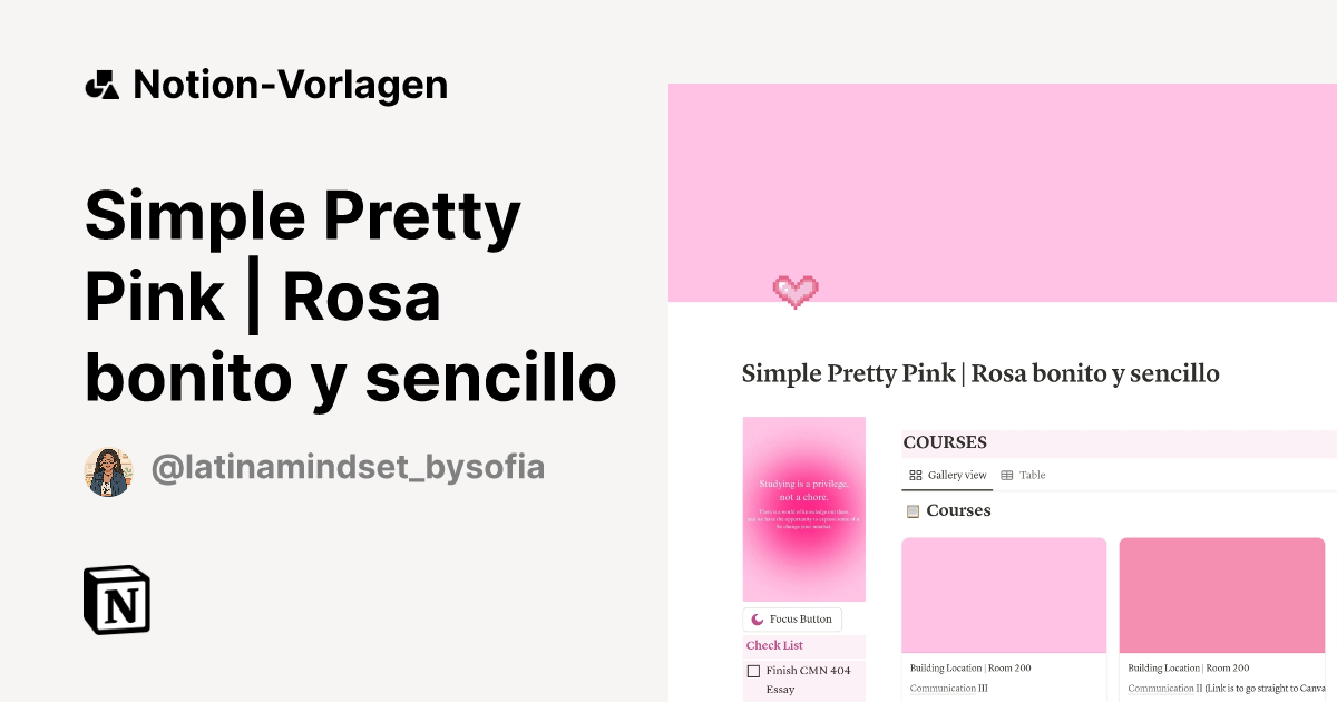 Simple Pretty Pink | Rosa bonito y sencillo Vorlage | Notion-Marketplace