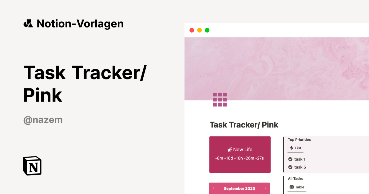 Task Tracker/ Pink Vorlage | Notion-Marketplace