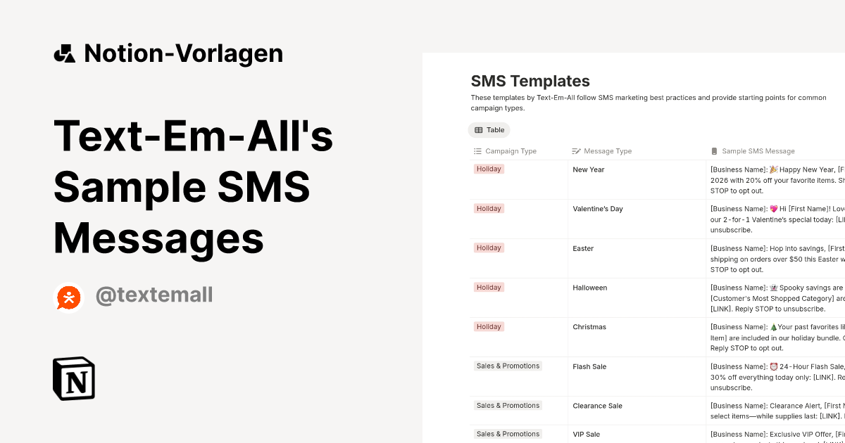 Text-Em-All's Sample SMS Messages Vorlage | Notion-Marketplace