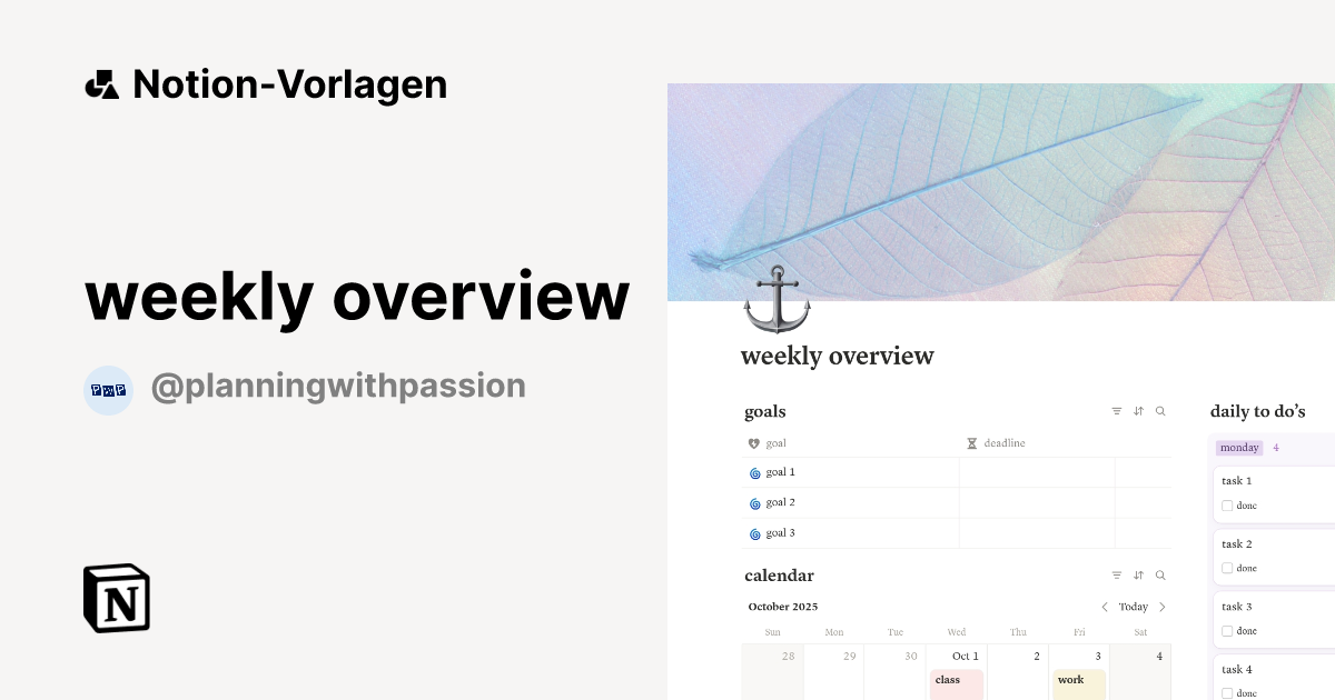 weekly overview Vorlage von planning with passion | Notion-Marketplace