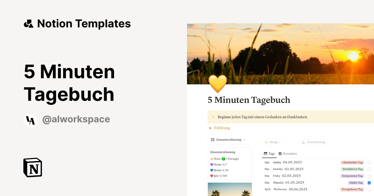 5 Minuten Tagebuch Template by AL's Workspace | Notion Marketplace
