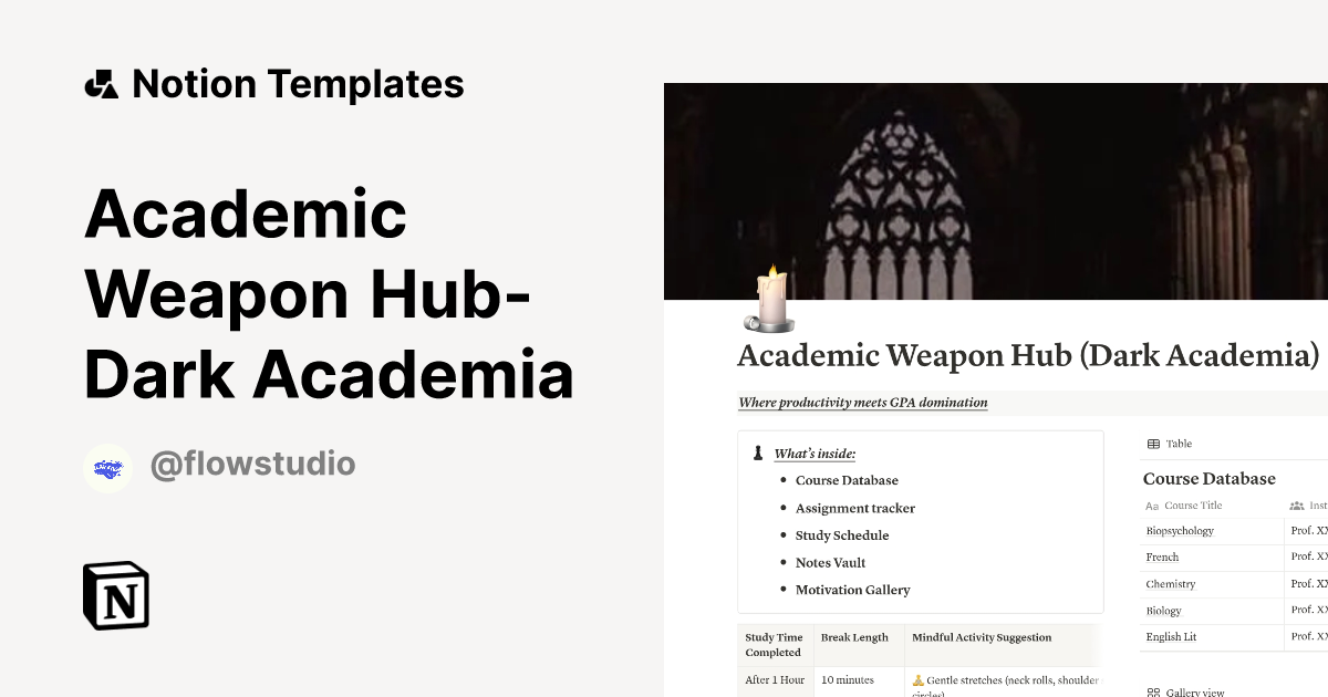 Academic Weapon HubDark Academia Template by flowstudio Notion
