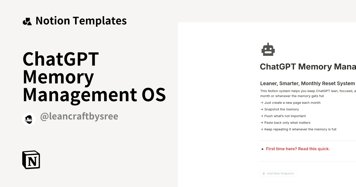 ChatGPT Memory Management OS Template by Leancraft by Sree Notion