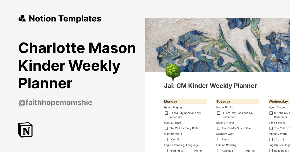 Charlotte Mason Kinder Weekly Planner Template by Chezka Abarquez ...