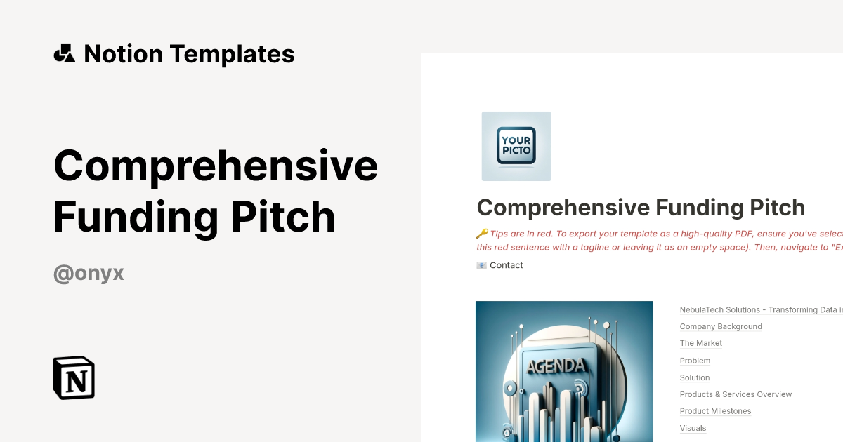 Comprehensive Funding Pitch Template by Onyx Strategy | Notion Marketplace