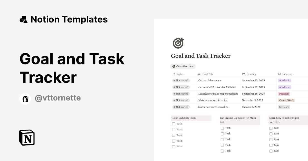 Goal and Task Tracker Template by Vttornette | Notion Marketplace
