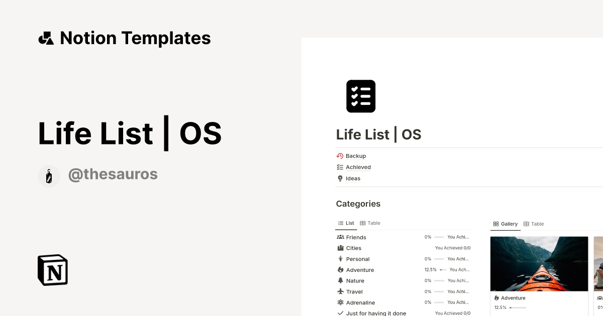 Life List | OS Template by Thesauros | Notion Marketplace