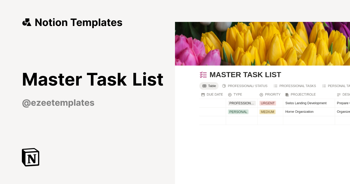 Master Task List Template by Ezee Templates | Notion Marketplace