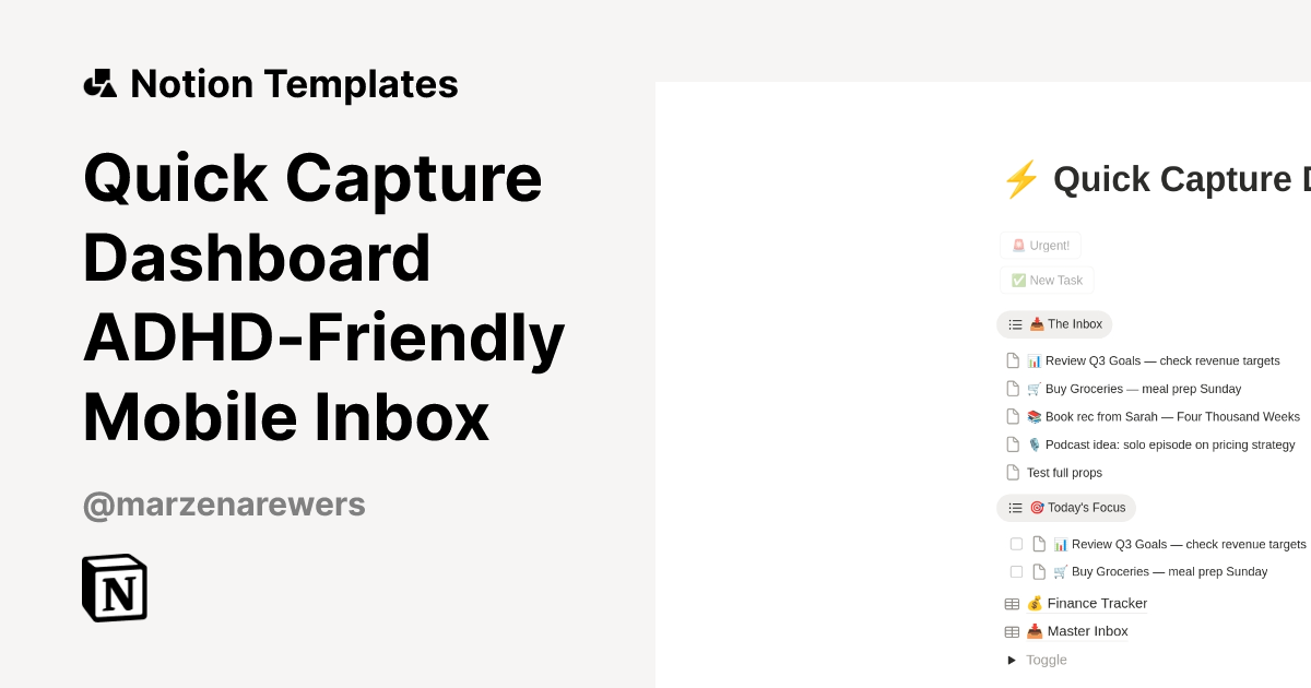 Quick Capture Dashboard ADHD-Friendly Mobile Inbox Template | Notion ...