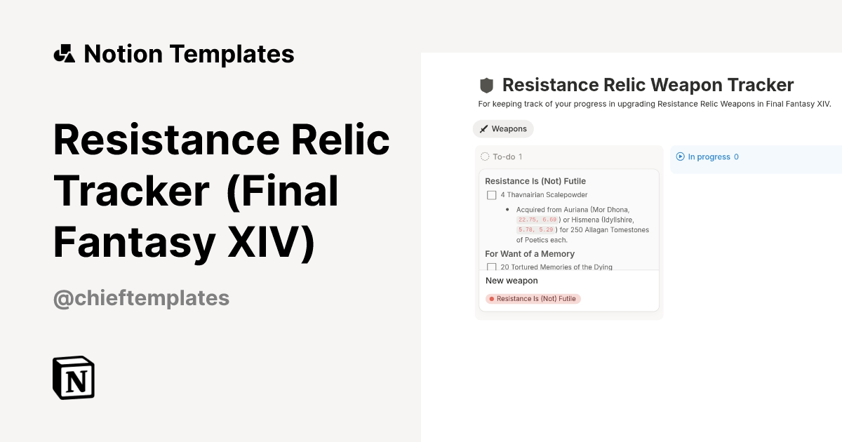 Resistance Relic Tracker (Final Fantasy XIV) Template by Chief's ...