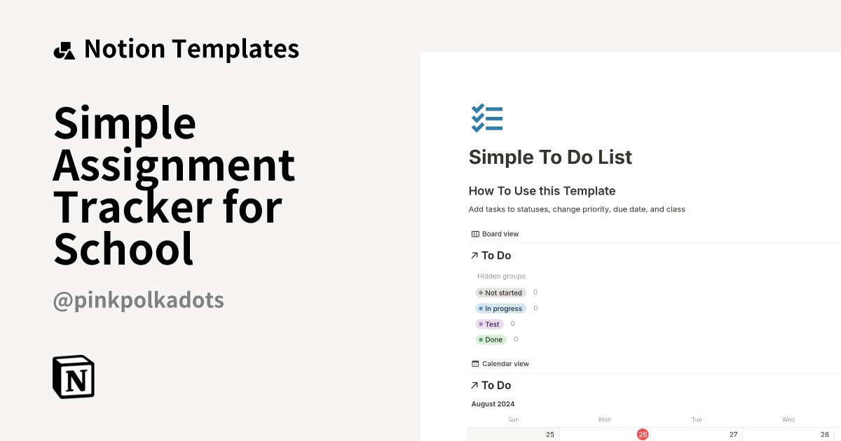 Simple Assignment Tracker for School Template | Notion Marketplace