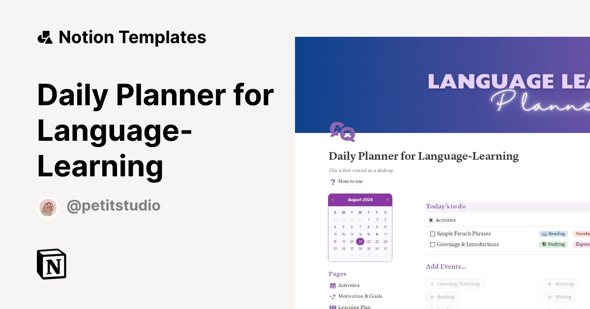 Daily Planner for Language-Learning Template | Notion Marketplace