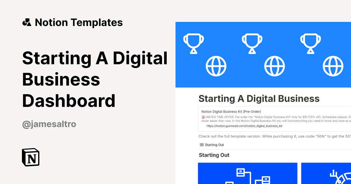 Starting A Digital Business Dashboard Template | Notion Marketplace