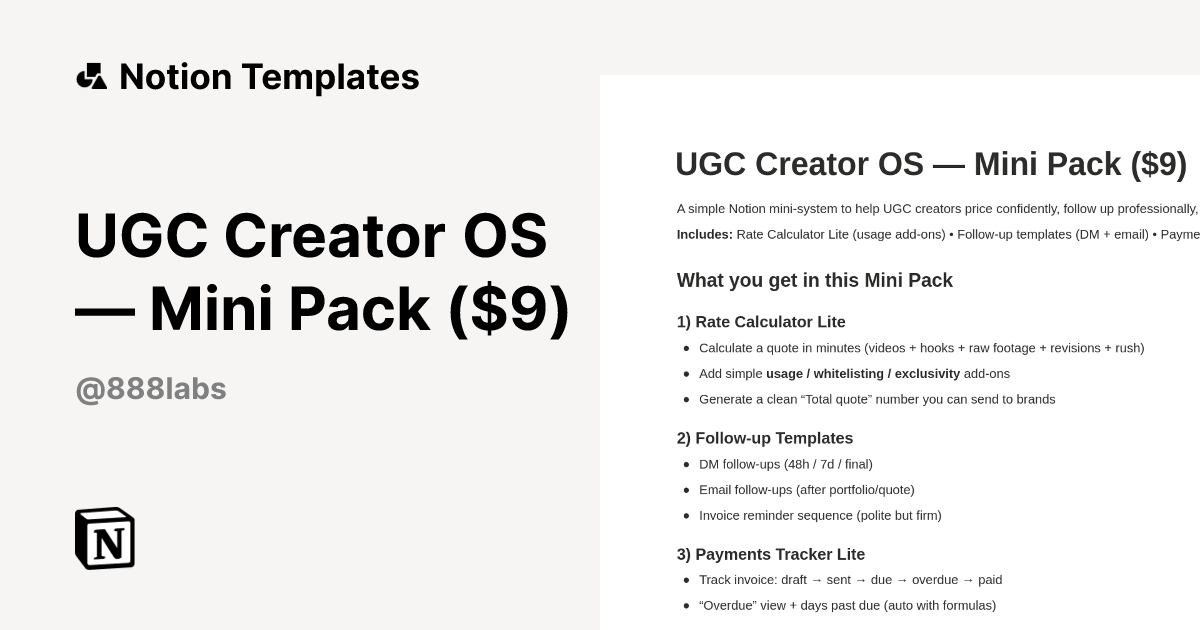 UGC Creator OS — Mini Pack ($9) Template | Notion Marketplace