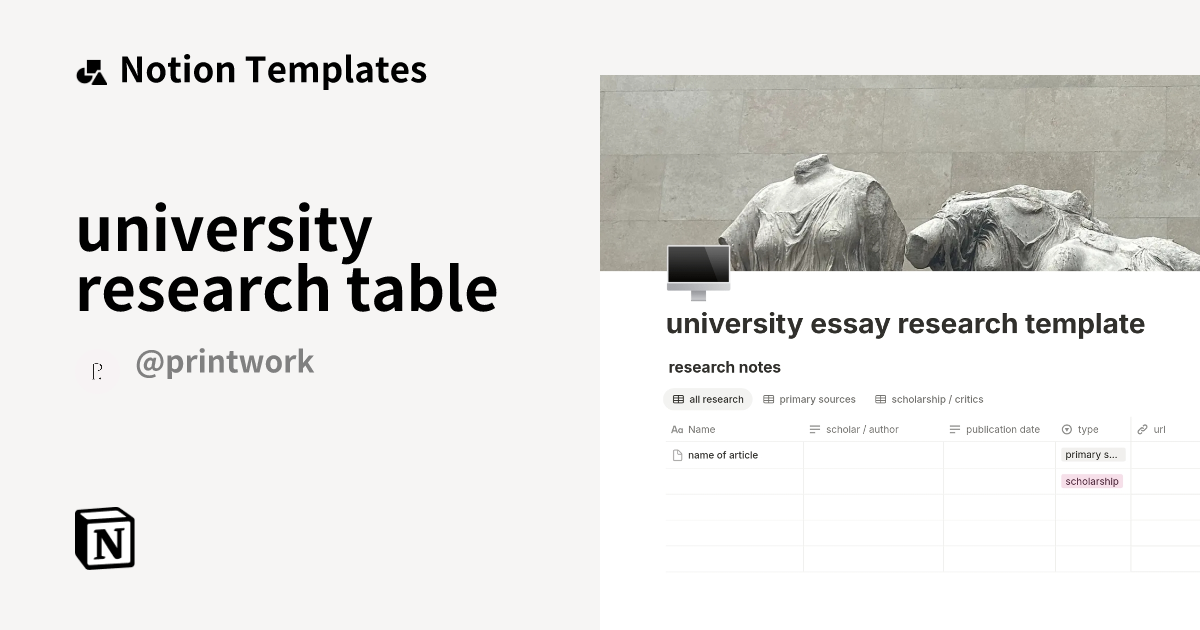 university research table Template by Printwork | Notion Marketplace