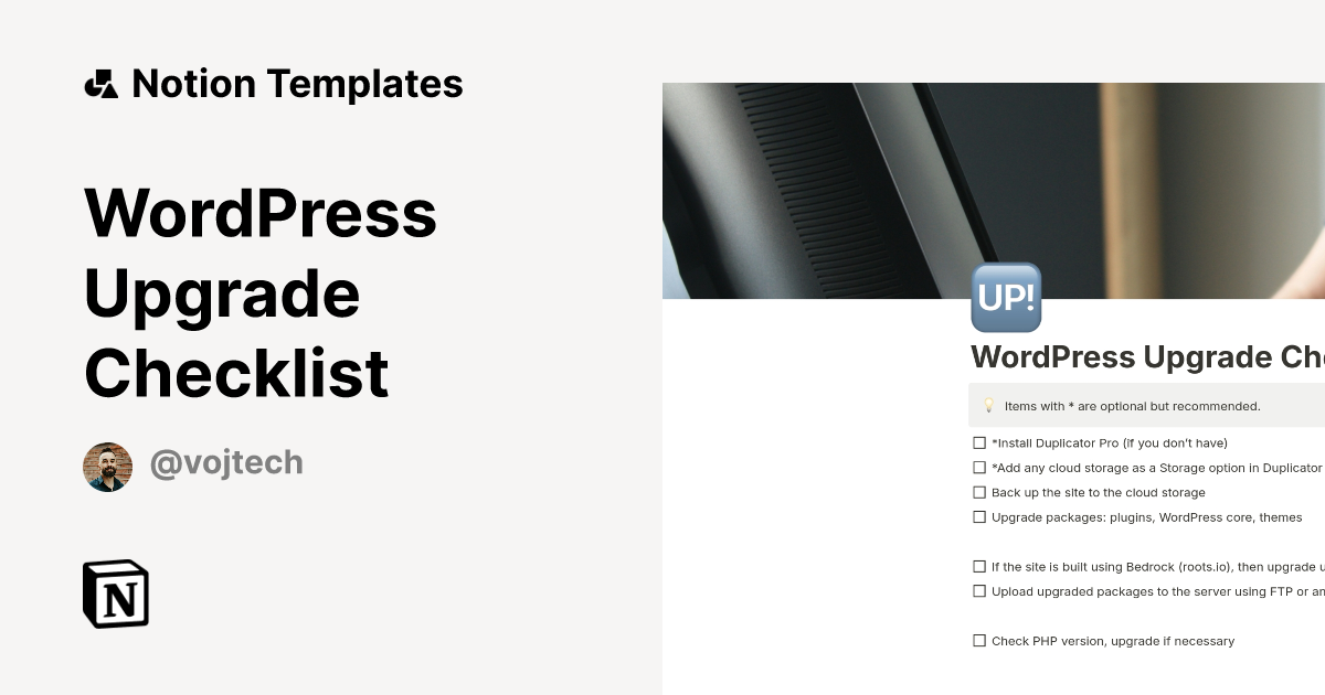WordPress Upgrade Checklist Template by Vojtech | Notion Marketplace