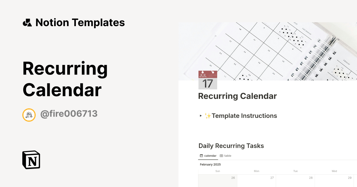 Recurring Calendar Template by xuan | Notion Marketplace