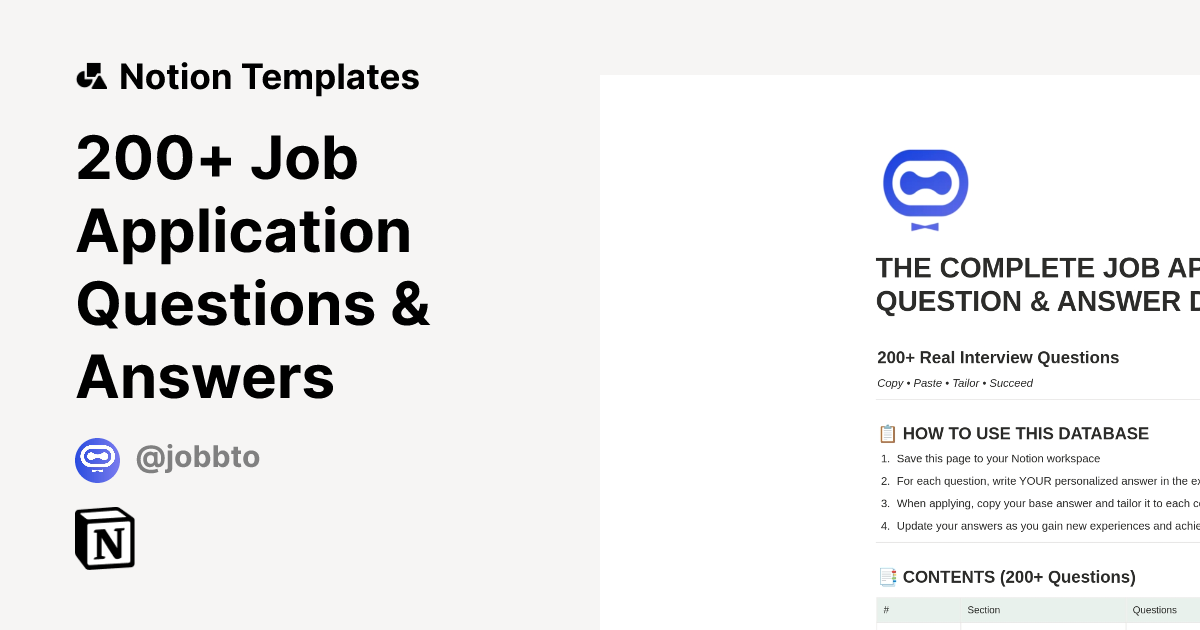 200+ Job Application Questions & Answers Template | Notion Marketplace