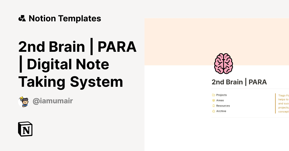 2nd Brain | PARA | Digital Note Taking System Template | Notion Marketplace