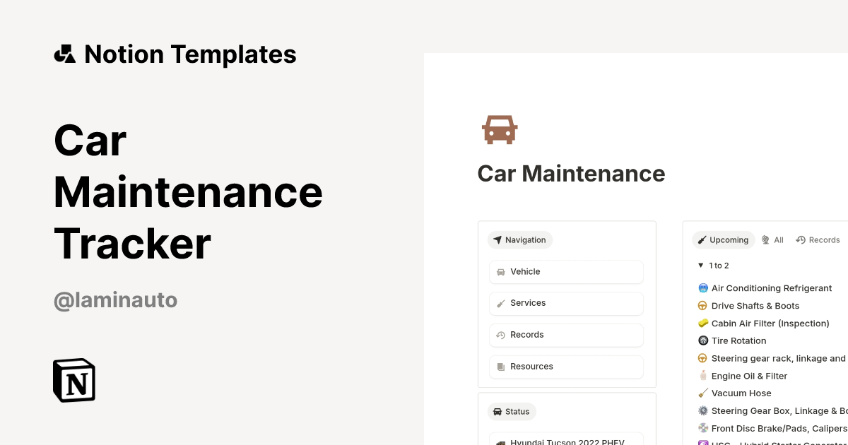 Car Maintenance Tracker Template by Laminauto | Notion Marketplace